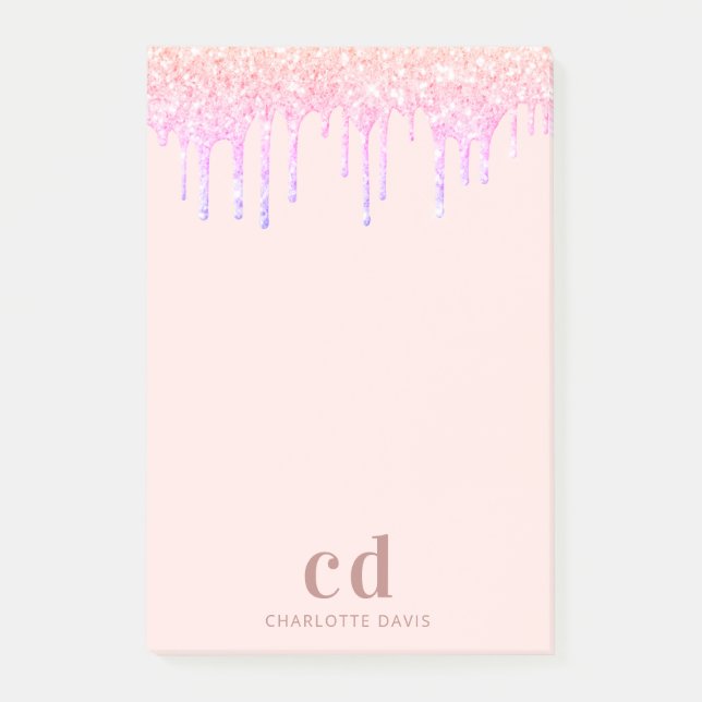 Rose gold blush pink glitter drips monogram post-it notes (Front)