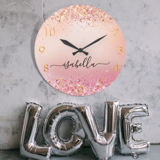 Rose gold blush pink glitter dust name script large clock (Creator Uploaded)