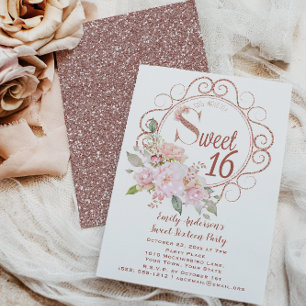 Rose Gold Blush Pink Glitter Floral Sweet 16 Invitation