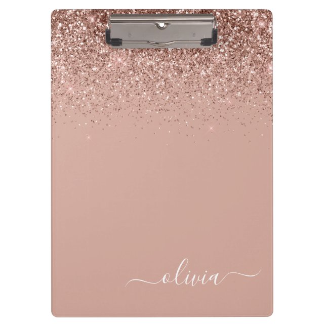 Rose Gold Blush Pink Glitter Girly Monogram Name Clipboard (Front)