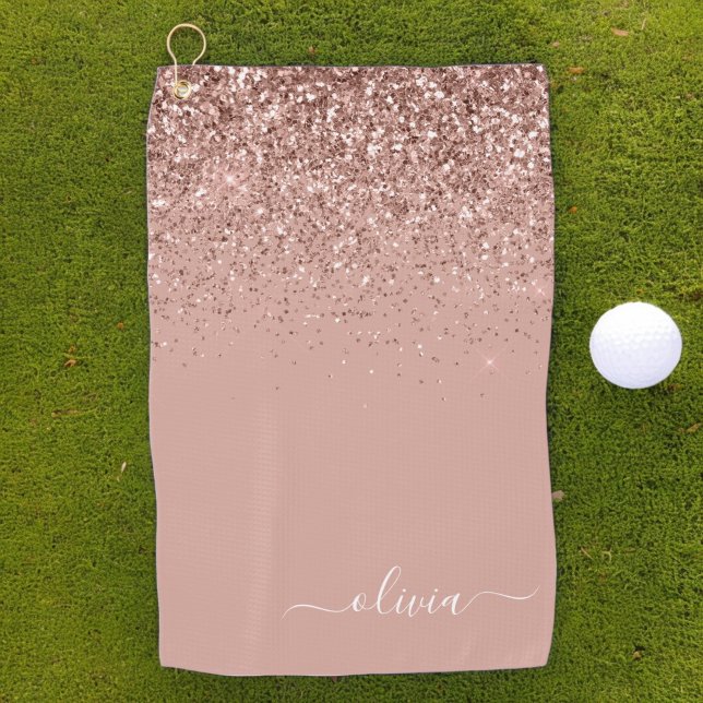 Rose Gold Blush Pink Glitter Girly Monogram Name Golf Towel (Creator Uploaded)