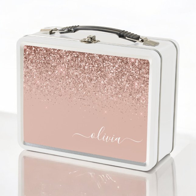 Rose Gold Blush Pink Glitter Girly Monogram Name Metal Lunch Box (Creator Uploaded)