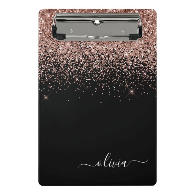 Rose Gold Blush Pink Glitter Girly Monogram Name Mini Clipboard (Front)