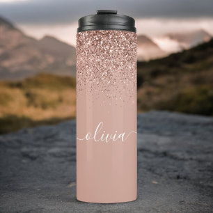 Rose Gold Blush Pink Glitter Girly Monogram Name Thermal Tumbler