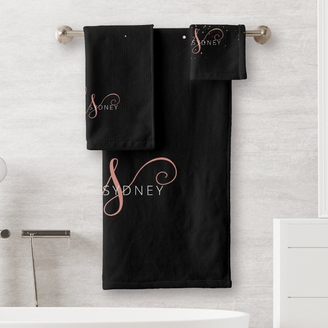 Rose Gold Blush Pink Glitter Glam Monogram Name Bath Towel Set (Creator Uploaded)