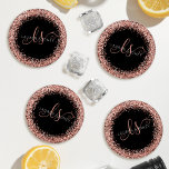 Rose Gold Blush Pink Glitter Glam Monogram Name Coaster Set<br><div class="desc">Glam Rose Gold Glitter Elegant Monogram Coaster Set. Easily personalize this trendy chic coaster set design featuring elegant rose gold sparkling glitter on a black background. The design features your handwritten script monogram with pretty swirls and your name.</div>