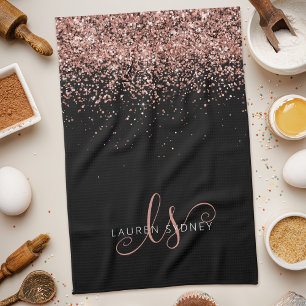 Rose Gold Blush Pink Glitter Glam Monogram Name Ki Tea Towel