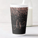 Rose Gold Blush Pink Glitter Glam Monogram Name Latte Mug<br><div class="desc">Glam Rose Gold Glitter Elegant Monogram Latte Mug. Easily personalise this trendy chic latte mug design featuring elegant rose gold sparkling glitter on a black background. The design features your handwritten script monogram with pretty swirls and your name.</div>