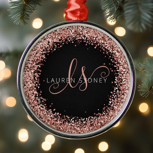 Rose Gold Blush Pink Glitter Glam Monogram Name Metal Ornament (Creator Uploaded)