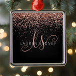 Rose Gold Blush Pink Glitter Glam Monogram Name Metal Ornament<br><div class="desc">Glam Rose Gold Glitter Elegant Monogram Ornaments. Easily personalise this trendy chic ornaments design featuring elegant rose gold sparkling glitter on a black background. The design features your handwritten script monogram with pretty swirls and your name.</div>