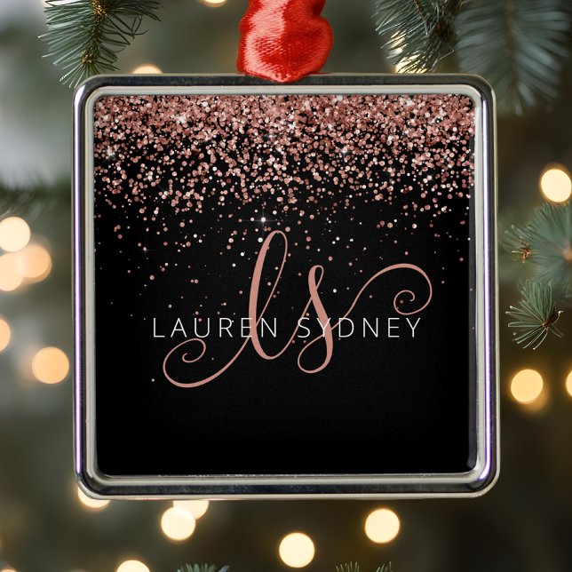 Rose Gold Blush Pink Glitter Glam Monogram Name Metal Ornament (Creator Uploaded)