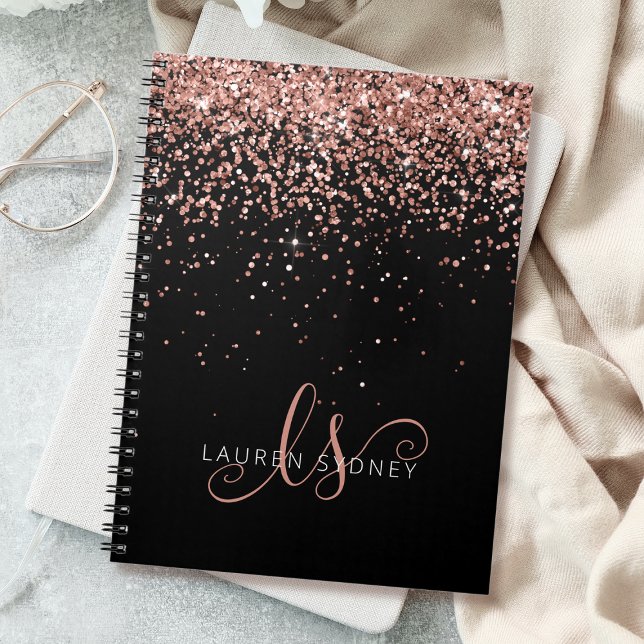 Rose Gold Blush Pink Glitter Glam Monogram Name Notebook (Creator Uploaded)