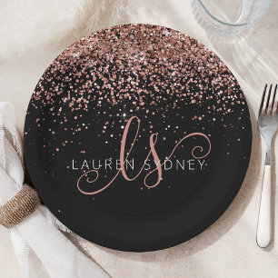 Rose Gold Blush Pink Glitter Glam Monogram Name Paper Plate