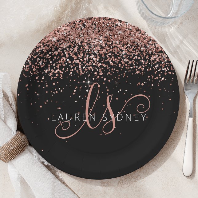 Rose Gold Blush Pink Glitter Glam Monogram Name Paper Plate (Creator Uploaded)