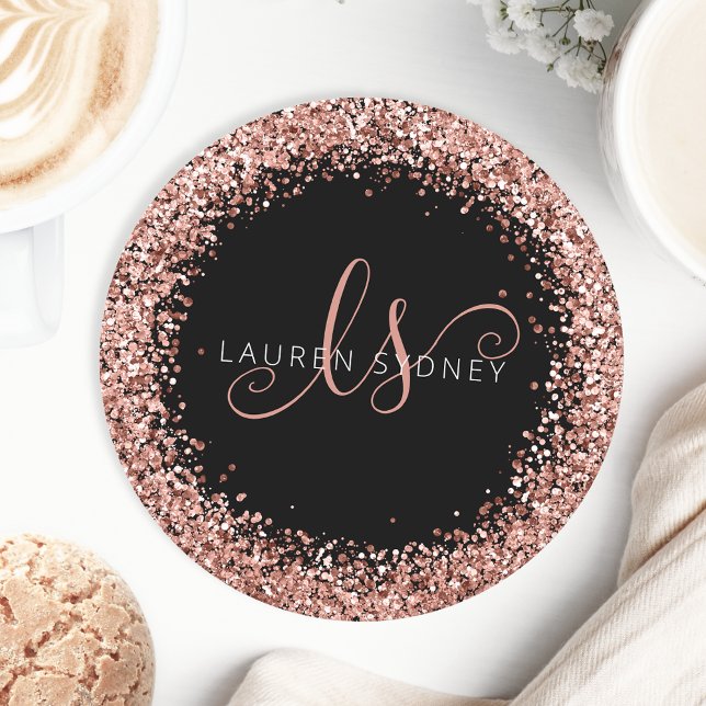 Rose Gold Blush Pink Glitter Glam Monogram Name Round Paper Coaster (Creator Uploaded)