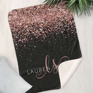 Rose Gold Blush Pink Glitter Glam Monogram Name Sherpa Blanket
