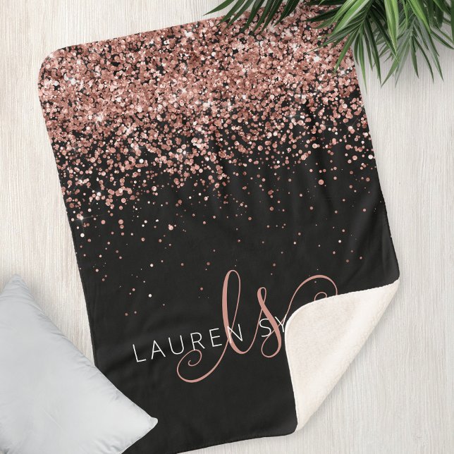 Rose Gold Blush Pink Glitter Glam Monogram Name Sherpa Blanket (Creator Uploaded)