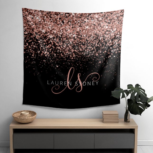 Rose Gold Blush Pink Glitter Glam Monogram Name Tapestry (Creator Uploaded)