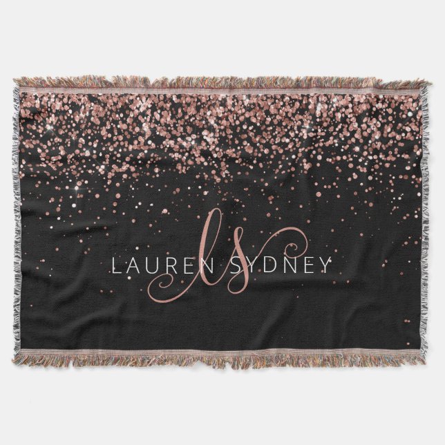 Rose Gold Blush Pink Glitter Glam Monogram Name Throw Blanket (Front)