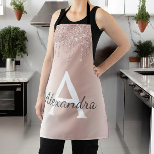Rose Gold - Blush Pink Glitter Metal Monogram Name Apron