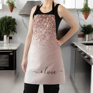 Rose Gold - Blush Pink Glitter Metal Monogram Name Apron