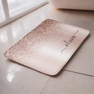 Rose Gold - Blush Pink Glitter Metal Monogram Name Bath Mat