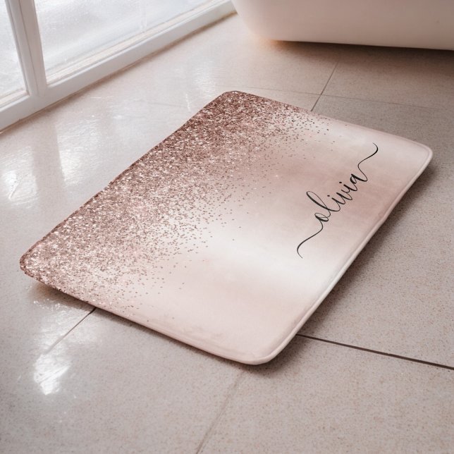 Rose Gold - Blush Pink Glitter Metal Monogram Name Bath Mat (Creator Uploaded)