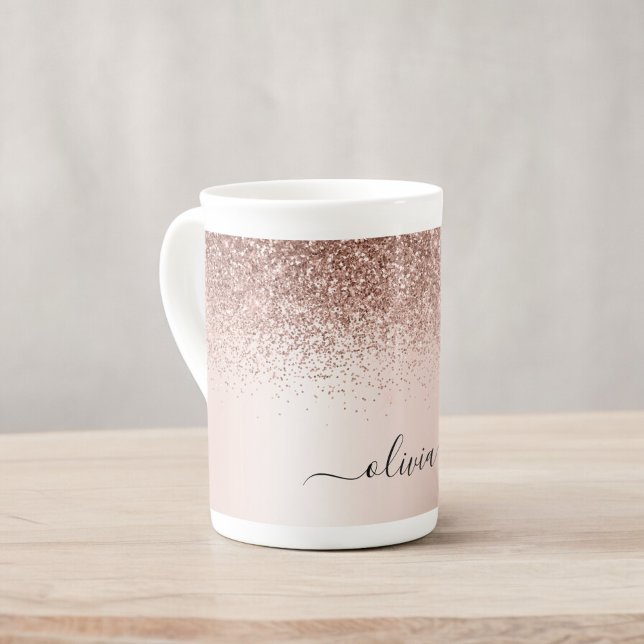 Rose Gold - Blush Pink Glitter Metal Monogram Name Bone China Mug (Creator Uploaded)