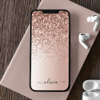 Rose Gold - Blush Pink Glitter Metal Monogram Name