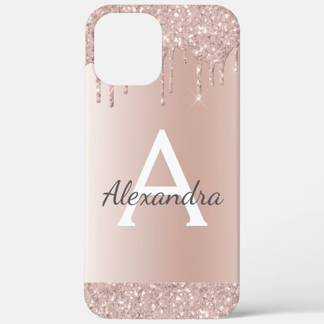 Rose Gold - Blush Pink Glitter Metal Monogram Name Case-Mate iPhone Case (Back)