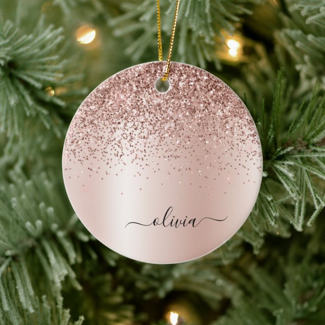 Rose Gold - Blush Pink Glitter Metal Monogram Name Ceramic Ornament (Tree)