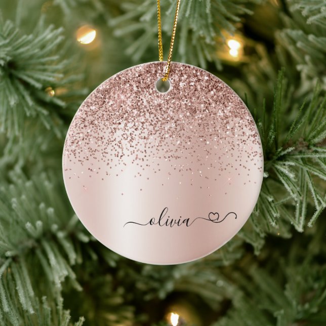 Rose Gold - Blush Pink Glitter Metal Monogram Name Ceramic Ornament (Tree)