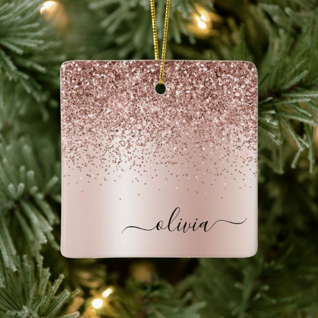 Rose Gold - Blush Pink Glitter Metal Monogram Name Ceramic Ornament (Tree)