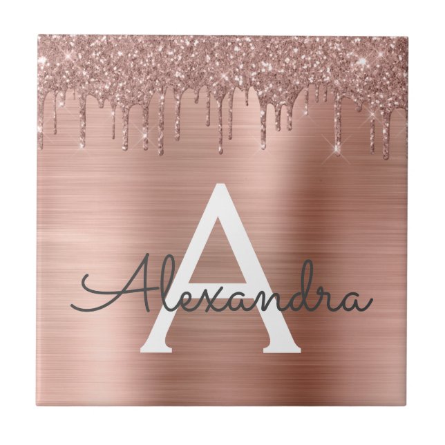 Rose Gold - Blush Pink Glitter Metal Monogram Name Ceramic Tile (Front)