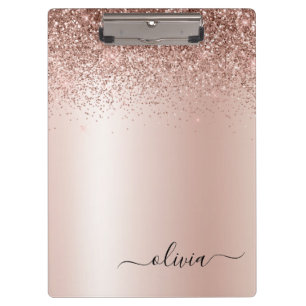 Rose Gold - Blush Pink Glitter Metal Monogram Name Clipboard