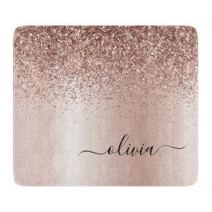 Rose Gold - Blush Pink Glitter Metal Monogram Name Cutting Board
