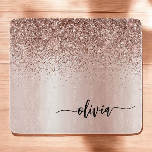 Rose Gold - Blush Pink Glitter Metal Monogram Name Cutting Board