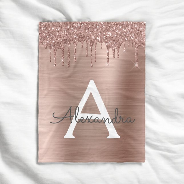 Rose Gold - Blush Pink Glitter Metal Monogram Name Fleece Blanket (Creator Uploaded)