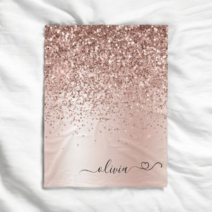 Rose Gold - Blush Pink Glitter Metal Monogram Name Fleece Blanket