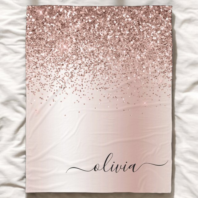 Rose Gold - Blush Pink Glitter Metal Monogram Name Fleece Blanket (Creator Uploaded)