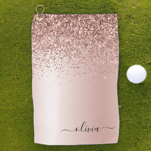 Rose Gold - Blush Pink Glitter Metal Monogram Name Golf Towel