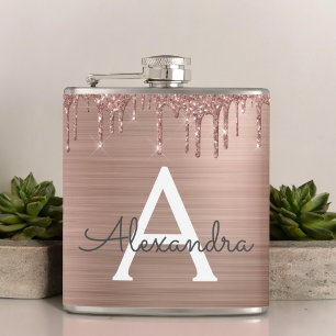 Rose Gold - Blush Pink Glitter Metal Monogram Name Hip Flask