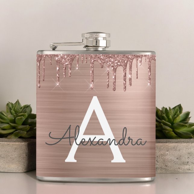 Rose Gold - Blush Pink Glitter Metal Monogram Name Hip Flask (Creator Uploaded)