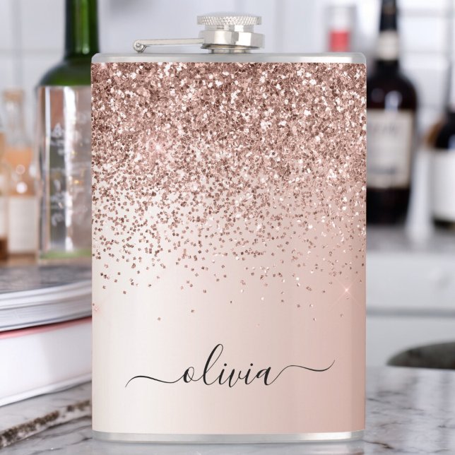 Rose Gold - Blush Pink Glitter Metal Monogram Name Hip Flask (Creator Uploaded)