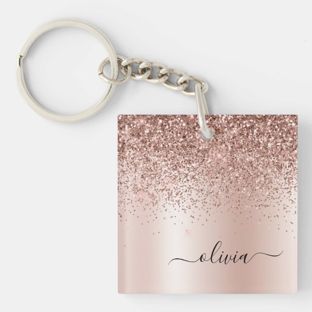 Rose Gold - Blush Pink Glitter Metal Monogram Name Key Ring (Front)