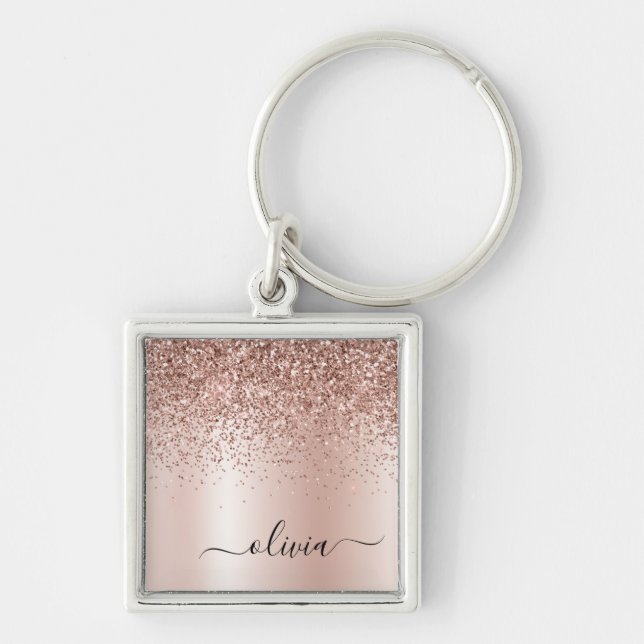Rose Gold - Blush Pink Glitter Metal Monogram Name Key Ring (Front)
