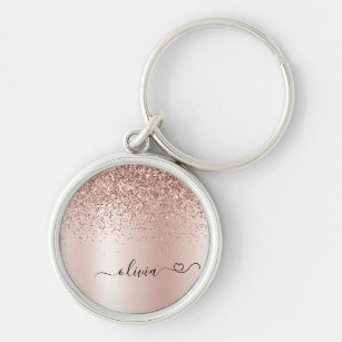 Rose Gold - Blush Pink Glitter Metal Monogram Name Key Ring