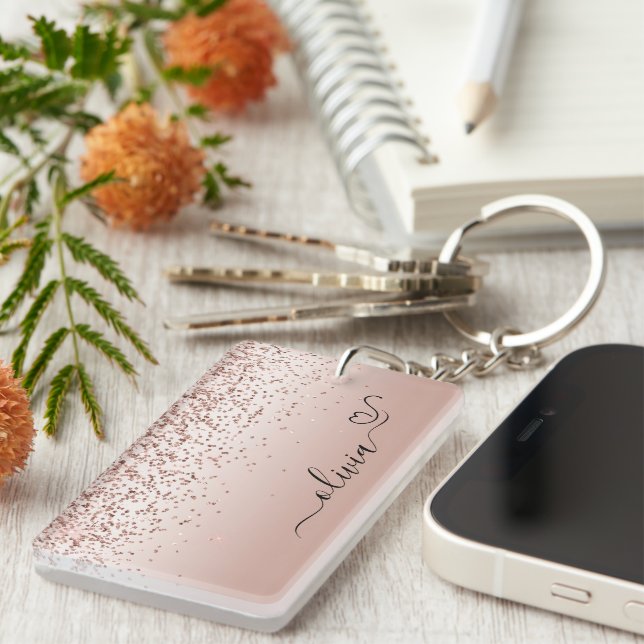 Rose Gold - Blush Pink Glitter Metal Monogram Name Key Ring (Front Right)