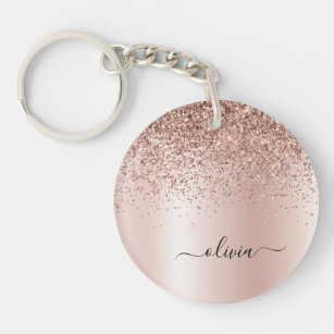 Rose Gold - Blush Pink Glitter Metal Monogram Name Key Ring