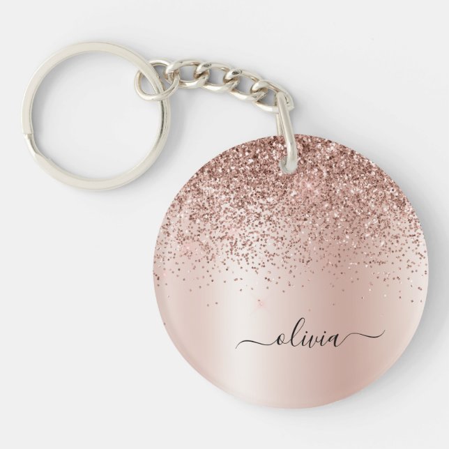 Rose Gold - Blush Pink Glitter Metal Monogram Name Key Ring (Front)